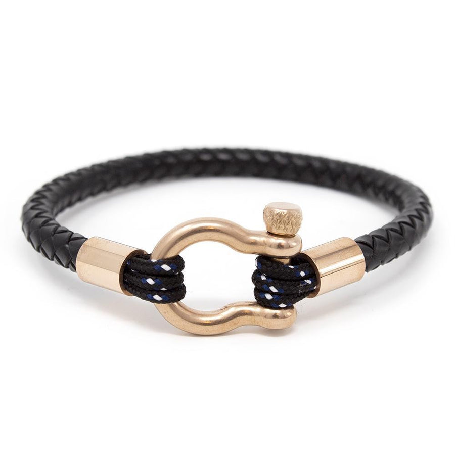 Men's Braided Leather Bracelet with Rose Gold Tone Shackle Black Large - Mimmic Fashion Jewelry