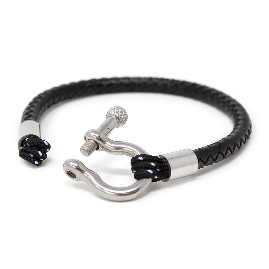 Men's Braided Leather Bracelet with Silver Tone Shackle Black Large - Mimmic Fashion Jewelry