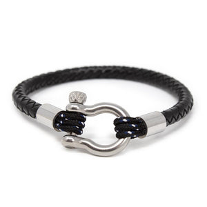 Men's Braided Leather Bracelet with Silver Tone Shackle Black Large - Mimmic Fashion Jewelry