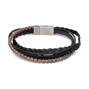 Men's 4Row Braided Leather Bracelet W Bead Bk - Mimmic Fashion Jewelry