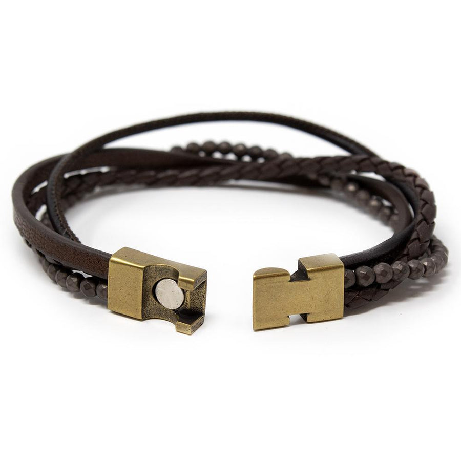 Men's Four Row Braided Leather Bracelet with Bead Brown - Mimmic Fashion Jewelry