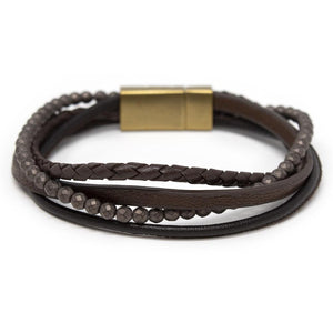 Men's Four Row Braided Leather Bracelet with Bead Brown - Mimmic Fashion Jewelry