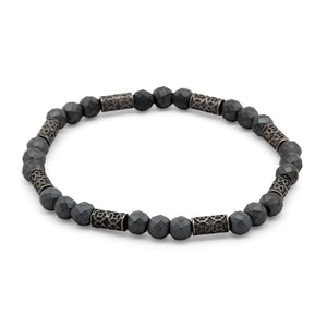 Men's Grey Hematite Bracelet w Antique Desing Stations - Mimmic Fashion Jewelry