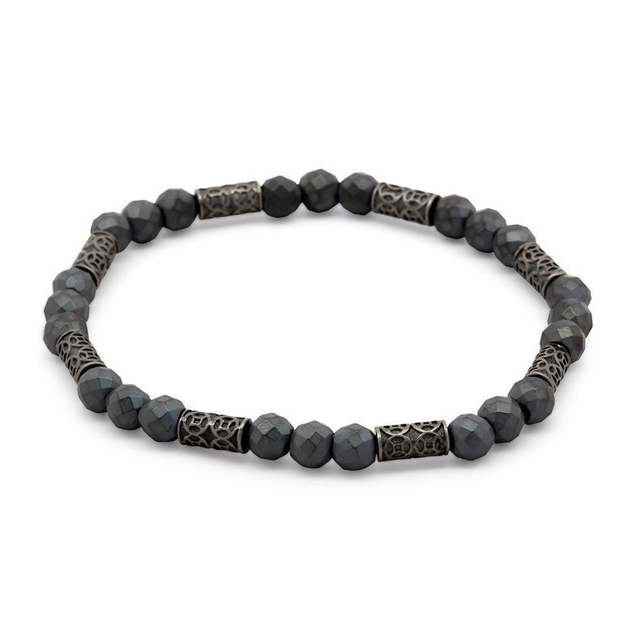 Men's Grey Hematite Bracelet w Antique Desing Stations - Mimmic Fashion Jewelry