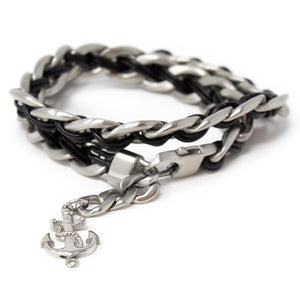 Men's Stainless Steel Anchor Chain with Leather Wrap Bracelet Black - Mimmic Fashion Jewelry