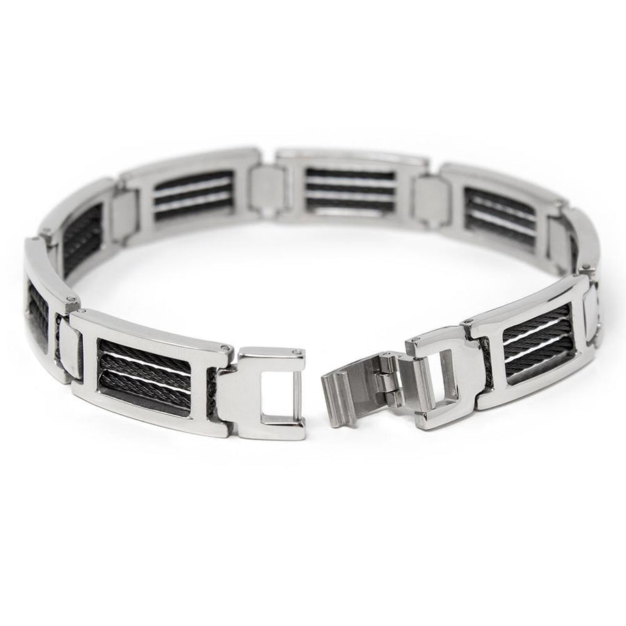 Men's Stainless Steel Black Cable Inlay Link Bracelet - Mimmic Fashion Jewelry