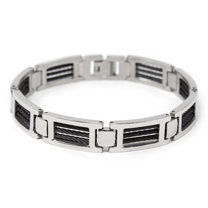 Men's Stainless Steel Black Cable Inlay Link Bracelet - Mimmic Fashion Jewelry
