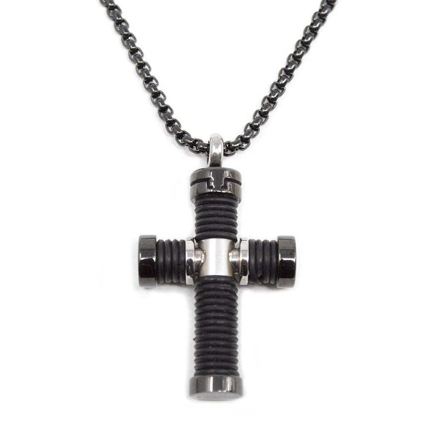 Men's Stainless Steel Black Necklace with Spring Cross Pendant - Mimmic Fashion Jewelry