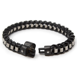 Men's Stainless Steel Braided Leather Bracelet Black - Mimmic Fashion Jewelry