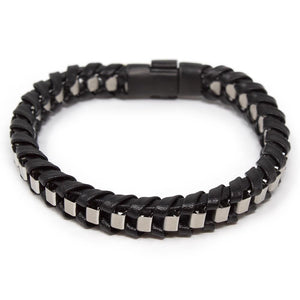 Men's Stainless Steel Braided Leather Bracelet Black - Mimmic Fashion Jewelry