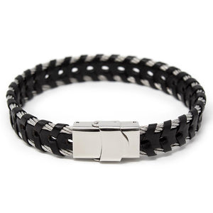 Men's Stainless Steel Braided Leather in Cable Bracelet Black - Mimmic Fashion Jewelry