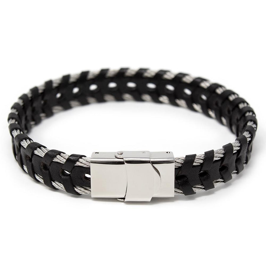 Men's Stainless Steel Braided Leather in Cable Bracelet Black - Mimmic Fashion Jewelry