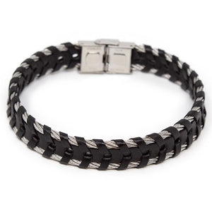 Men's Stainless Steel Braided Leather in Cable Bracelet Black - Mimmic Fashion Jewelry