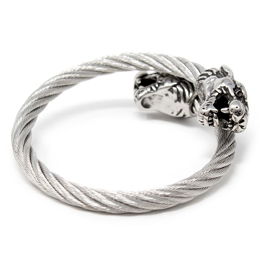 Men's Stainless Steel Cable Bangle with Panther Heads - Mimmic Fashion Jewelry