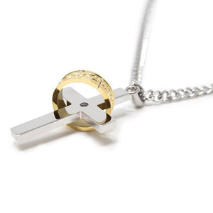 Men's Stainless Steel Gold Ion Plated Ring Cross Pendant on Chain - Mimmic Fashion Jewelry