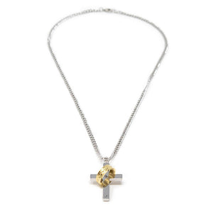 Men's Stainless Steel Gold Ion Plated Ring Cross Pendant on Chain - Mimmic Fashion Jewelry