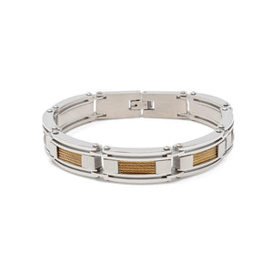Men's Stainless St Gold T Cable Inlay Link Bracelet - Mimmic Fashion Jewelry