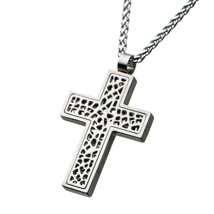 Men's Stainless Steel Perforated Cross Pendant on Chain 24 Inch - Mimmic Fashion Jewelry