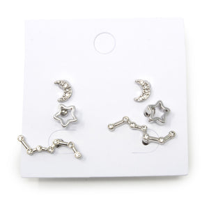 Moon and Star Stud Earrings Set of Three Rhodium Plated - Mimmic Fashion Jewelry