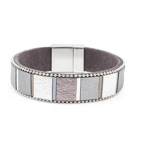 Mosaic Design Leather Bracelet Grey/Silver - Mimmic Fashion Jewelry