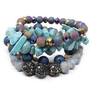 Multi Beaded Stretch Bracelets Set of Four Turquoise - Mimmic Fashion Jewelry