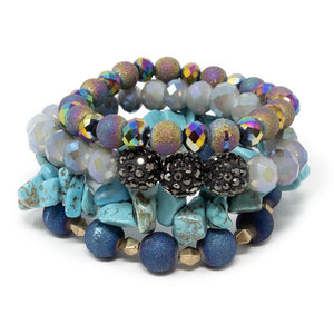 Multi Beaded Stretch Bracelets Set of Four Turquoise - Mimmic Fashion Jewelry