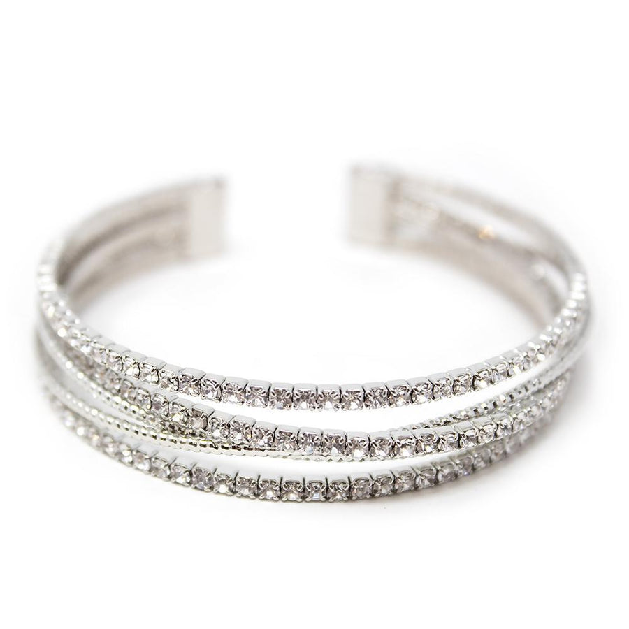 Multi Row Crossed Crystal Mesh Cuff Bangle Silver Tone - Mimmic Fashion Jewelry