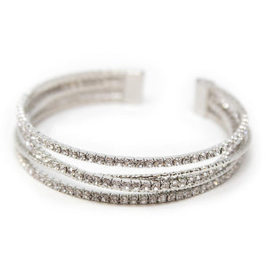 Multi Row Crossed Crystal Mesh Cuff Bangle Silver Tone - Mimmic Fashion Jewelry