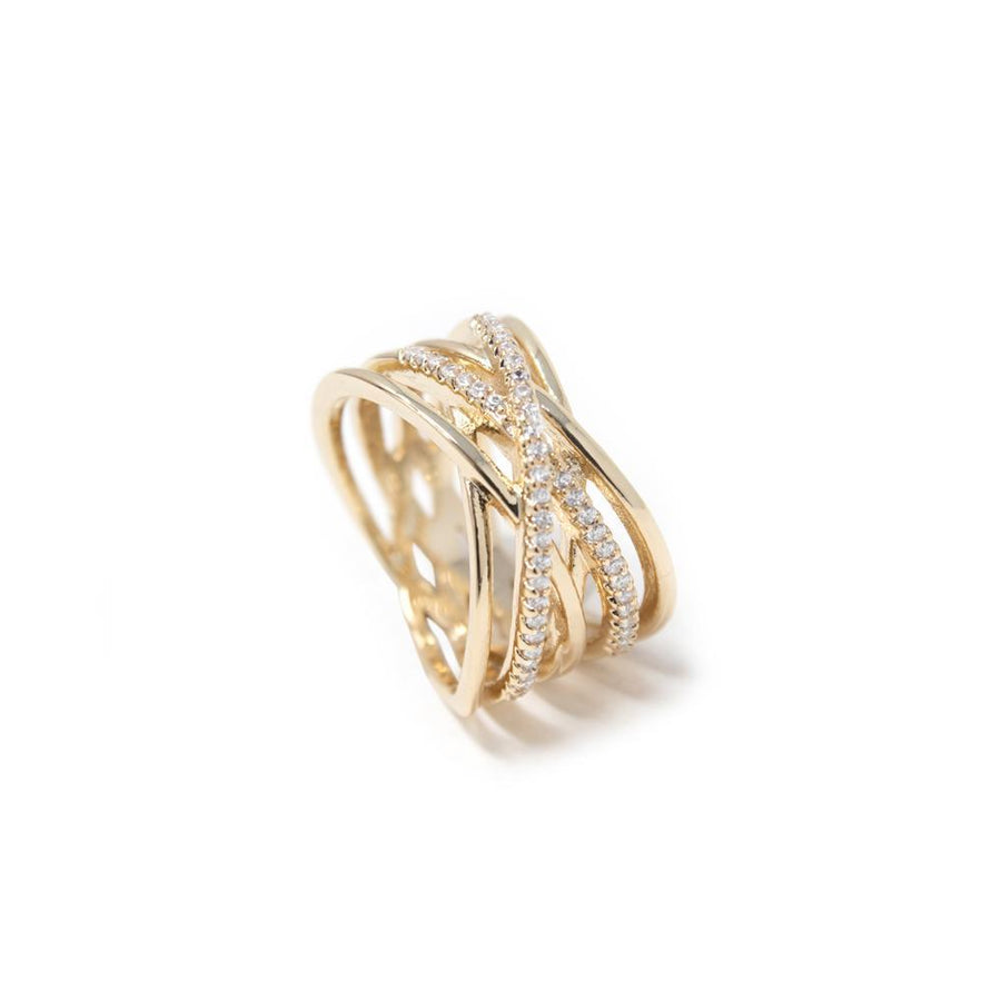 Multi Row Crossover CZ Ring Gold Tone - Mimmic Fashion Jewelry