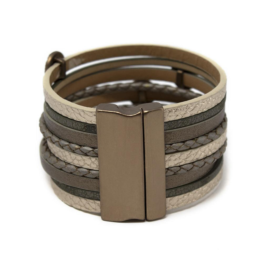 Multi Row Gold/Brown Leather Bracelet Hammered Disc - Mimmic Fashion Jewelry