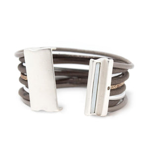 Multi Row Leather Bracelet Taupe Silver - Mimmic Fashion Jewelry