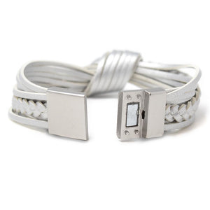 Multi Row Leather Knot Braid Bracelet Silver - Mimmic Fashion Jewelry