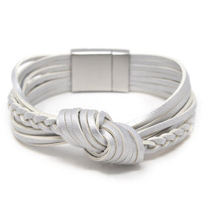 Multi Row Leather Knot Braid Bracelet Silver - Mimmic Fashion Jewelry