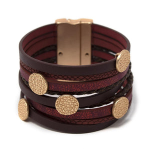 Multi Row Red/Brown Leather Bracelet Hammered Disc - Mimmic Fashion Jewelry
