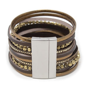 Multi Strand Leather Bracelet Sq Bead Brown - Mimmic Fashion Jewelry