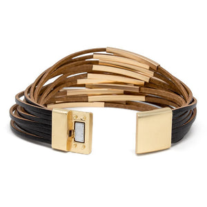 Multi Strand Leather Bracelet with Golden Bars Black - Mimmic Fashion Jewelry