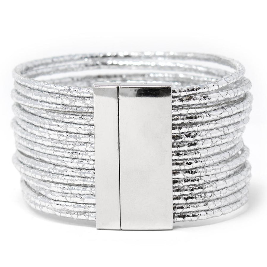 Multi Strand Wide Leather Bracelet Metallic Silver - Mimmic Fashion Jewelry