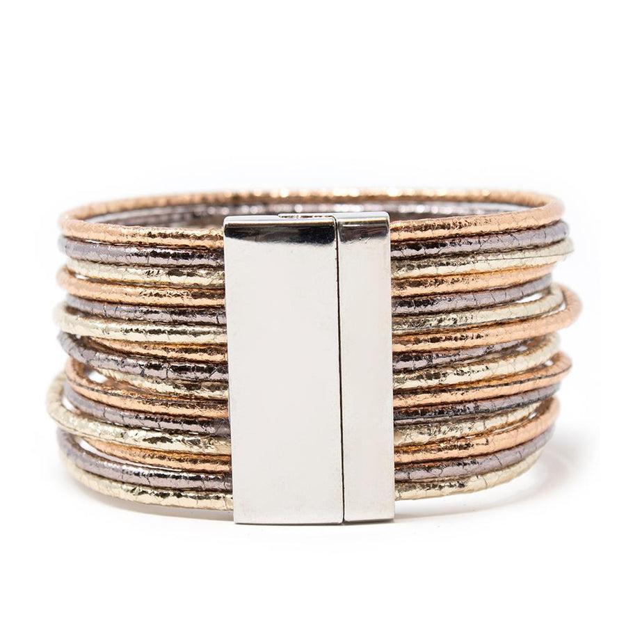 Multi Strand Wide Leather Bracelet Metallic Three Tone - Mimmic Fashion Jewelry