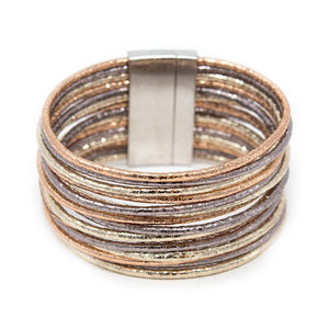 Multi Strand Wide Leather Bracelet Metallic Three Tone - Mimmic Fashion Jewelry