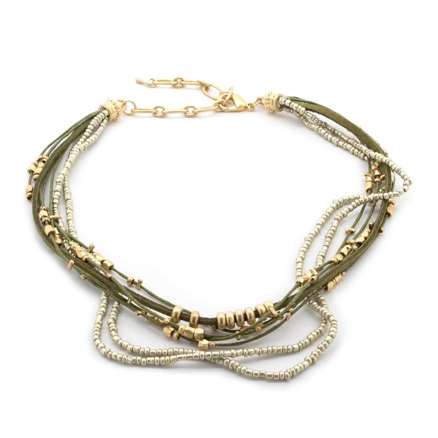 Multi String Choker Beaded Strings Moss Green - Mimmic Fashion Jewelry
