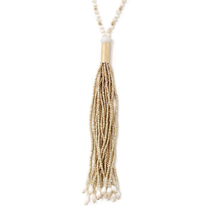 Nat Glass Bead Long Neck With Beaded Tassel Gold T - Mimmic Fashion Jewelry