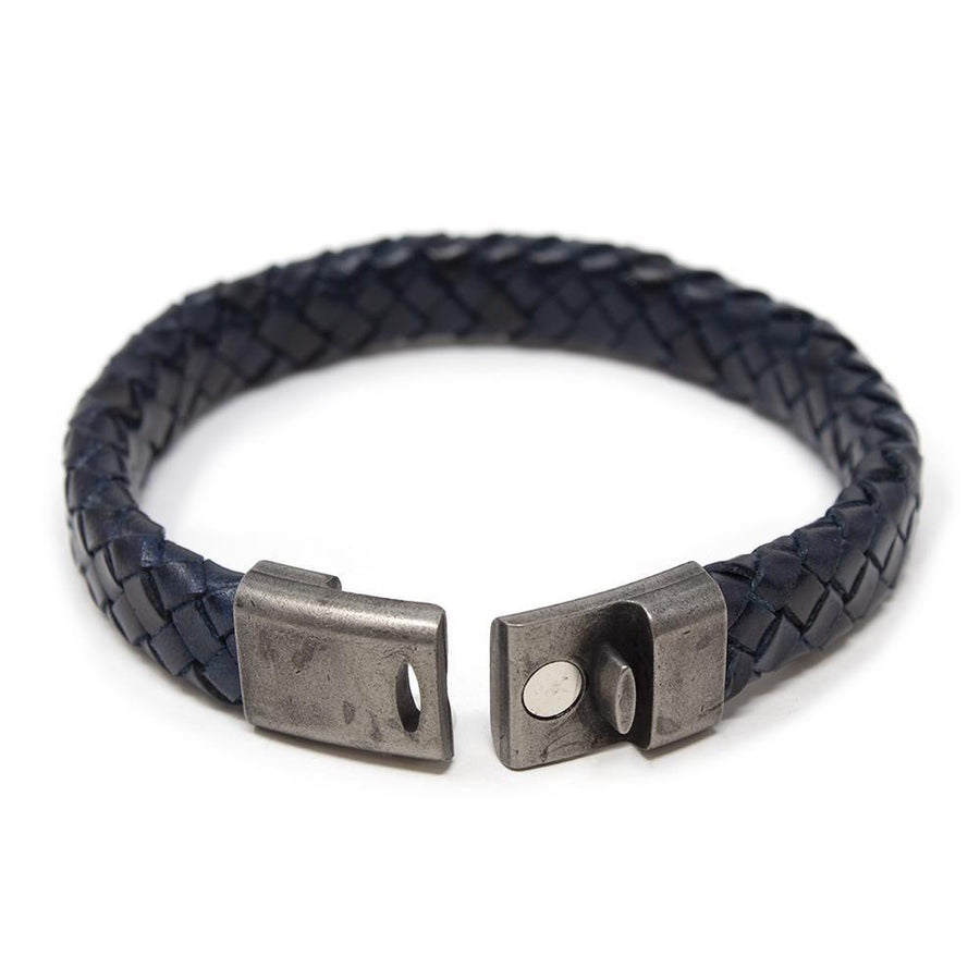 Navy Braided Leather Bracelet W Antique Silver Clasp - Mimmic Fashion Jewelry