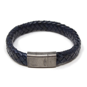 Navy Braided Leather Bracelet W Antique Silver Clasp - Mimmic Fashion Jewelry