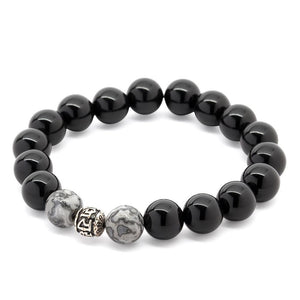 Onyx/Grey Jasper Stretch Bracelet W 925 Sterling Silver Bead - Mimmic Fashion Jewelry