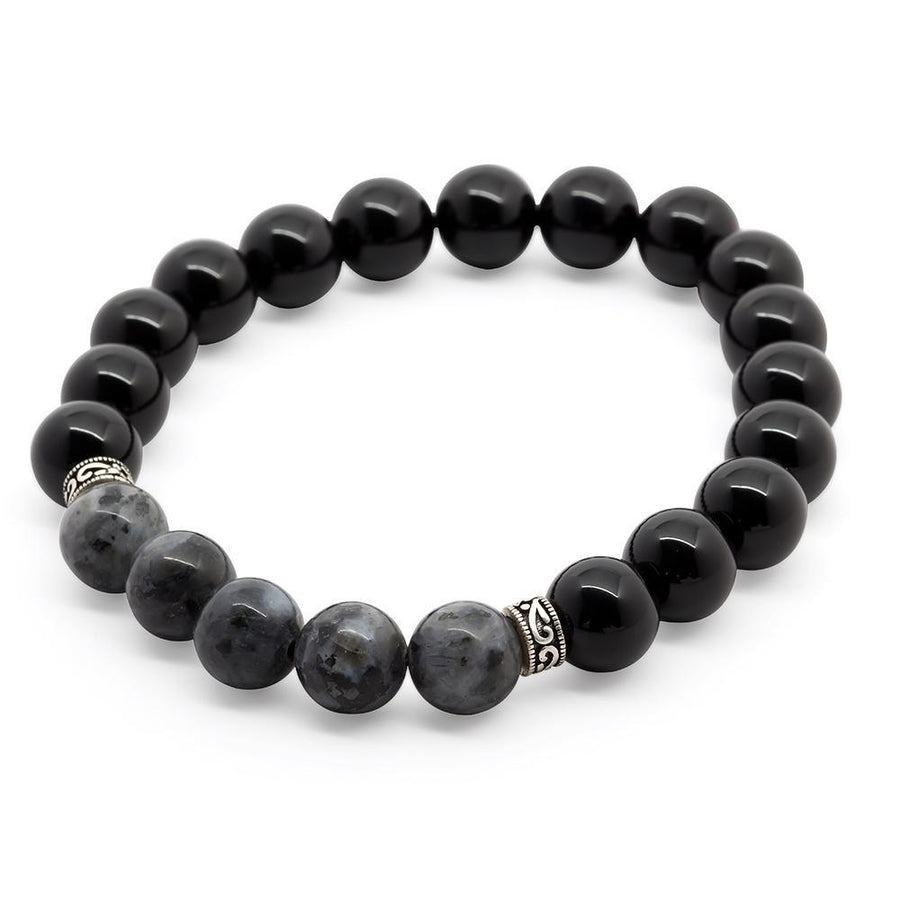 Onyx/Larvikite Mens Bracelet W Two 925 Sterling Silver Bead - Mimmic Fashion Jewelry