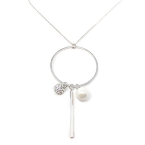 Open Circle W Bar/Pave Ball Pendant Long Neck Rhodium Pl - Mimmic Fashion Jewelry