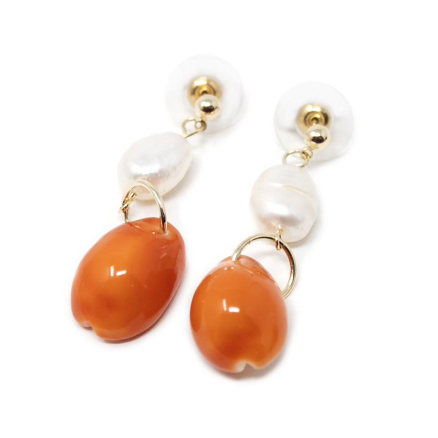 Orange Cowry Pearl Drop Earrings Gold Tone - Mimmic Fashion Jewelry