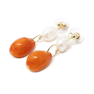Orange Cowry Pearl Drop Earrings Gold Tone - Mimmic Fashion Jewelry