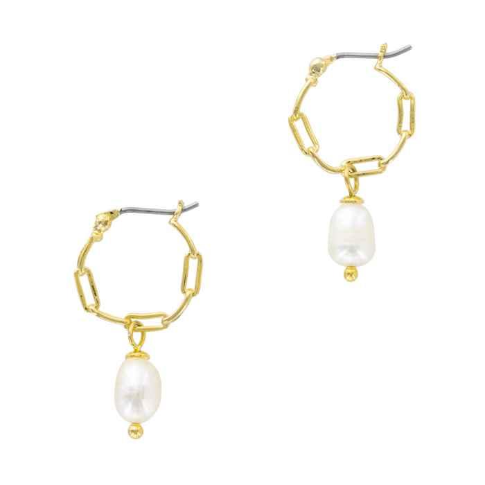 Paperclip Hoops Dangling Pearl Gold Plated Brass