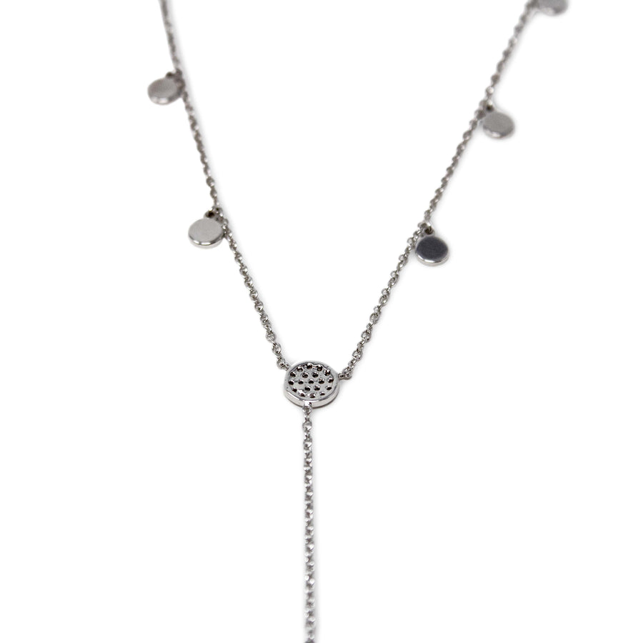 Pave Disc Lariat Necklace Rhodium Plated - Mimmic Fashion Jewelry